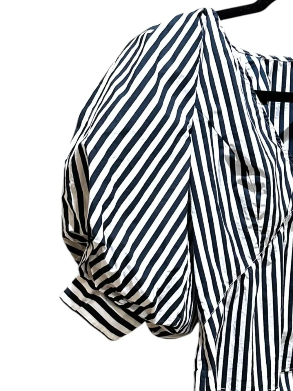 FRAME Puff Sleeve Organic Cotton Top Blouse Striped White and Blue